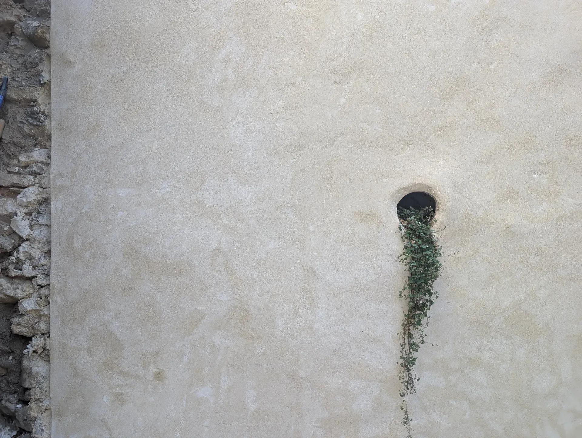 Detalle de muro revestido con mortero de cal aérea y arena local, mostrando una pequeña abertura circular con vegetación colgante